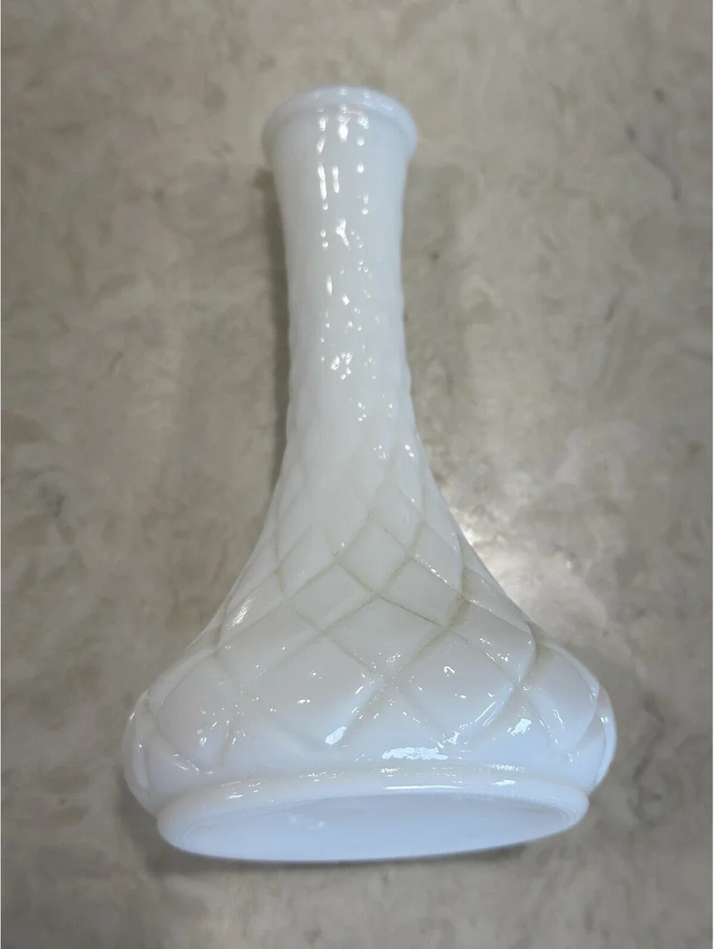Vintage  Hoosier Glass white milk glass bud vase Quilted Diamond Pattern 6 Inch